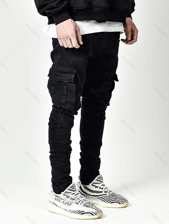 Jean skinny à poches latérales et fermeture éclair pour homme, pantalon crayon long - Noir XXL