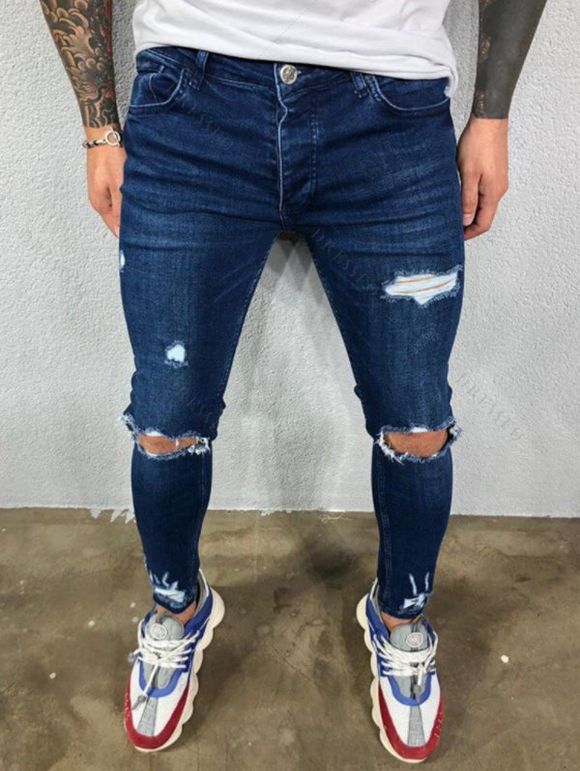 Jean skinny déchiré à fermeture éclair pour homme, délavé foncé, avec poches - Bleu XXXL | US 14