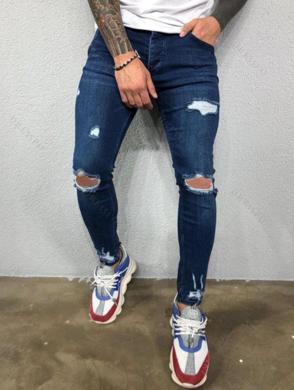 Jean skinny déchiré à fermeture éclair pour homme, délavé foncé, avec poches - Bleu L