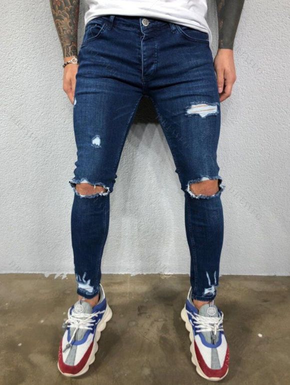 Jean skinny déchiré à fermeture éclair pour homme, délavé foncé, avec poches - Bleu L