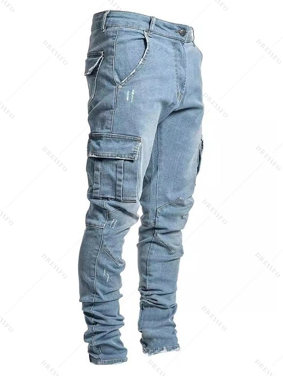 Jean skinny à poches latérales et fermeture éclair pour homme, pantalon crayon long - Bleu XXXL | US 14