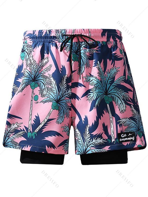 Short de plage à cordon de serrage pour homme, motif cocotier, taille élastique double épaisseur - Rose clair XXXL | US 14