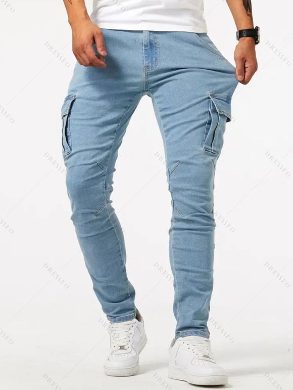 Jean skinny à poches latérales et fermeture éclair pour homme, pantalon cargo long - Bleu clair XXL | US 12