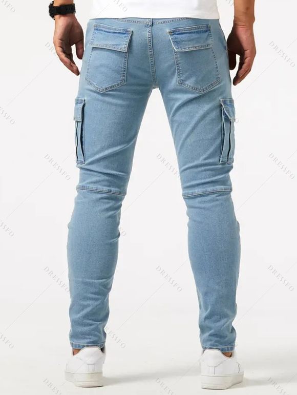 Jean skinny à poches latérales et fermeture éclair pour homme, pantalon cargo long - Bleu clair XXL