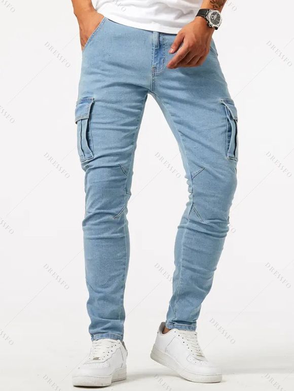 Jean skinny à poches latérales et fermeture éclair pour homme, pantalon cargo long - Bleu clair XXL