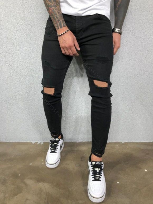 Jean skinny déchiré pour homme, effet usé, fermeture éclair, délavé foncé, poches - Noir S