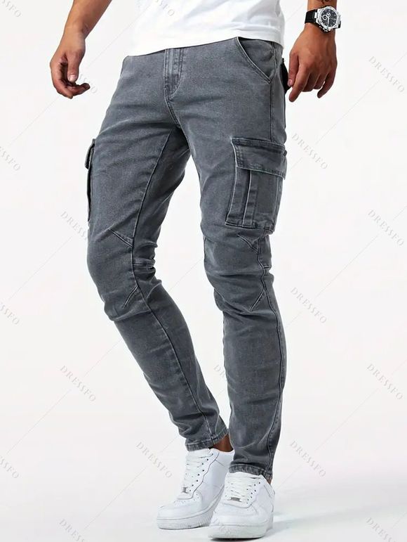 Jean skinny à poches latérales et fermeture éclair pour homme, pantalon cargo long - Gris S