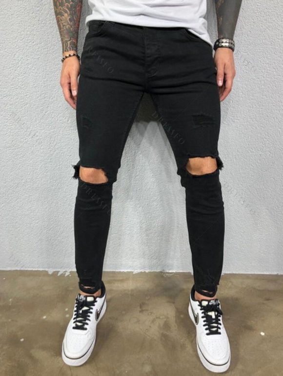 Jean skinny déchiré pour homme, effet usé, fermeture éclair, délavé foncé, poches - Noir S