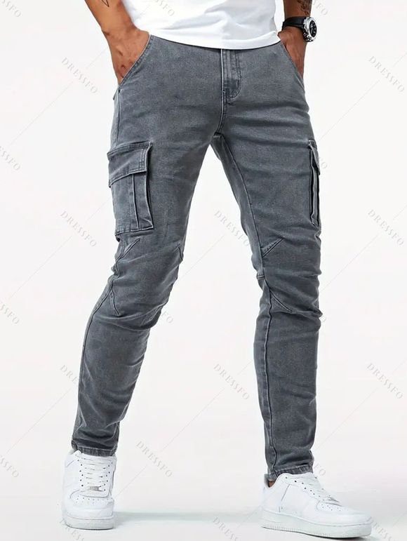 Jean skinny à poches latérales et fermeture éclair pour homme, pantalon cargo long - Gris S