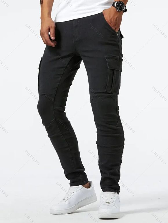 Jean skinny à poches latérales et fermeture éclair pour homme, pantalon cargo long - Noir XXL | US 12
