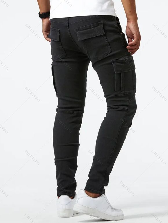 Jean skinny à poches latérales et fermeture éclair pour homme, pantalon cargo long - Noir XL