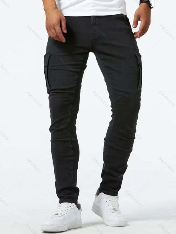 Jean skinny à poches latérales et fermeture éclair pour homme, pantalon cargo long - Noir XL