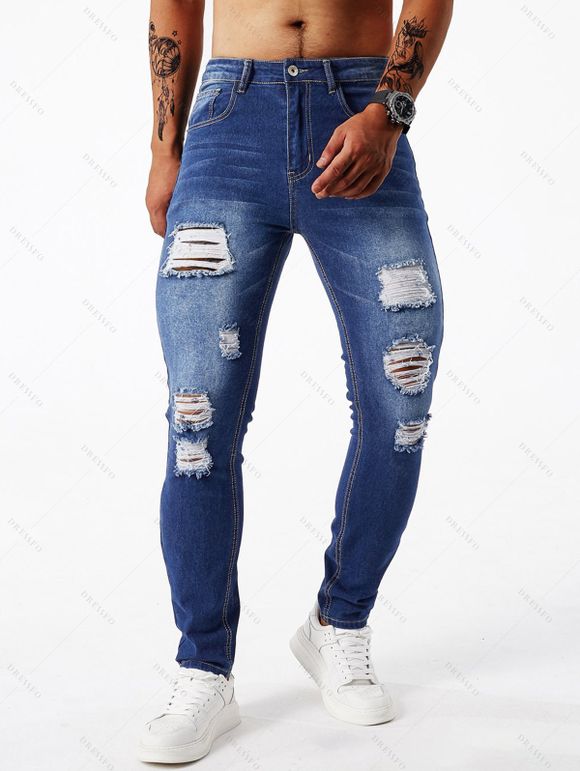 Jean skinny déchiré à fermeture éclair pour homme, jean à poches déchirées - Bleu XL