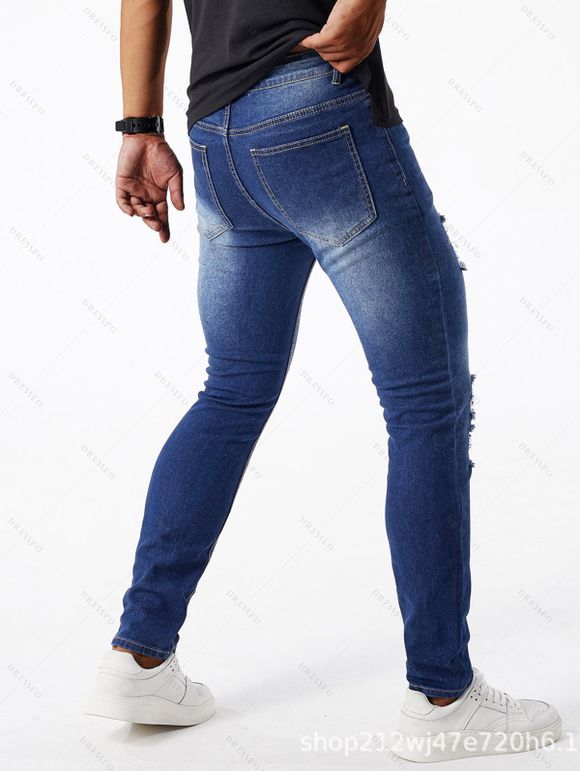 Jean skinny déchiré à fermeture éclair pour homme, jean à poches déchirées - Bleu M
