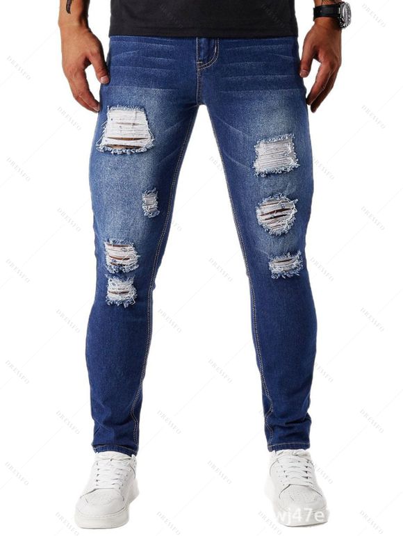 Jean skinny déchiré à fermeture éclair pour homme, jean à poches déchirées - Bleu M