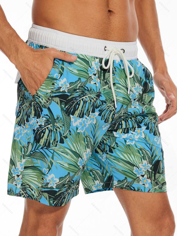 Short de plage à cordon de serrage pour homme, motif feuilles tropicales, poche intérieure, taille élastique, short de bain - multicolor A S