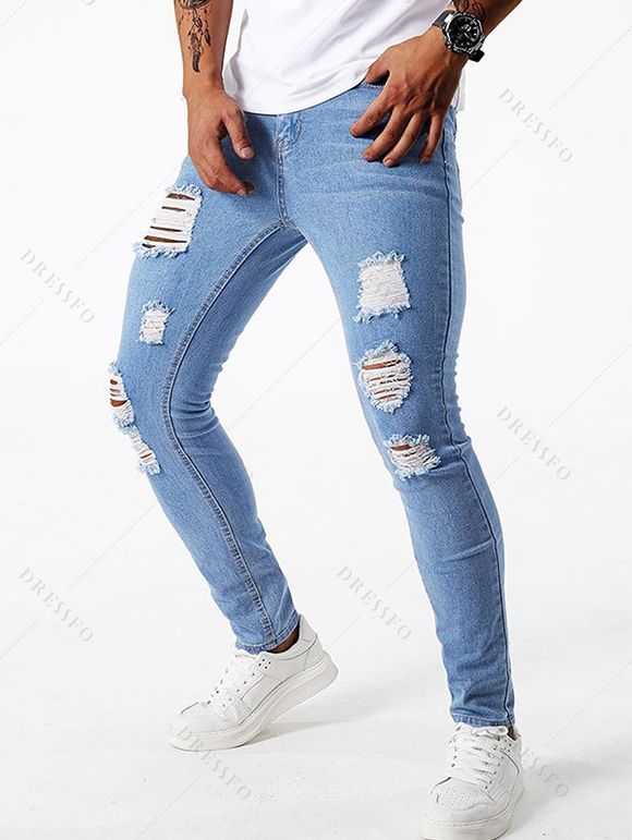 Jean skinny déchiré à fermeture éclair pour homme, jean à poches déchirées - Bleu clair L