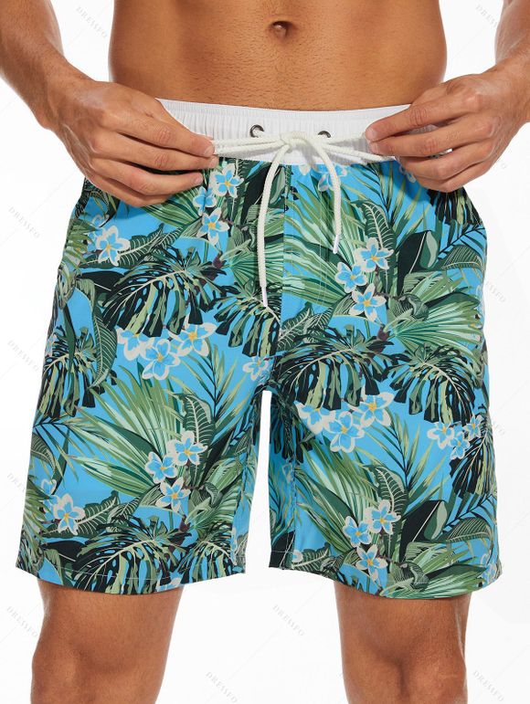 Short de plage à cordon de serrage pour homme, motif feuilles tropicales, poche intérieure, taille élastique, short de bain - multicolor A S