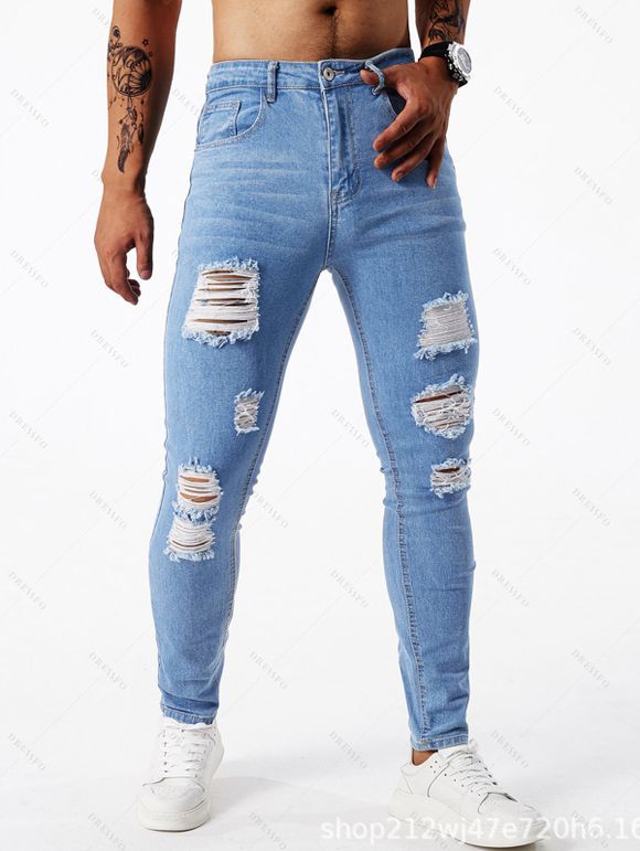 Jean skinny déchiré à fermeture éclair pour homme, jean à poches déchirées - Bleu clair L