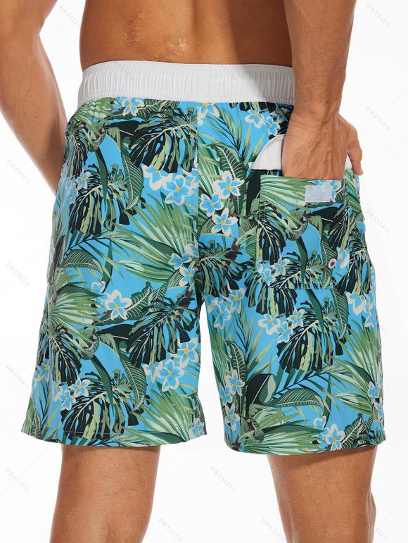 Short de plage à cordon de serrage pour homme, motif feuilles tropicales, poche intérieure, taille élastique, short de bain - multicolor A S