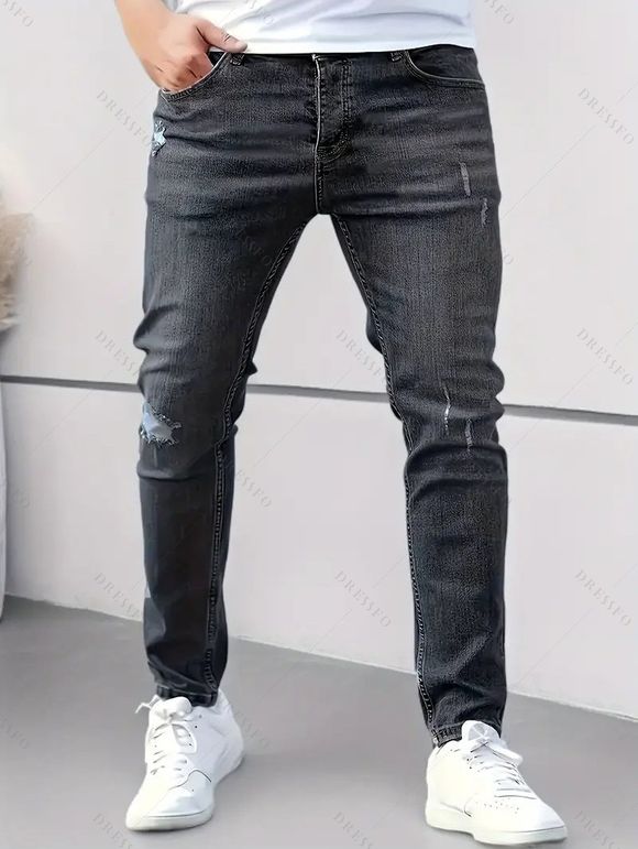 Jean skinny à fermeture éclair rayée pour homme, jean à poches déchirées - Noir XXL | US 12