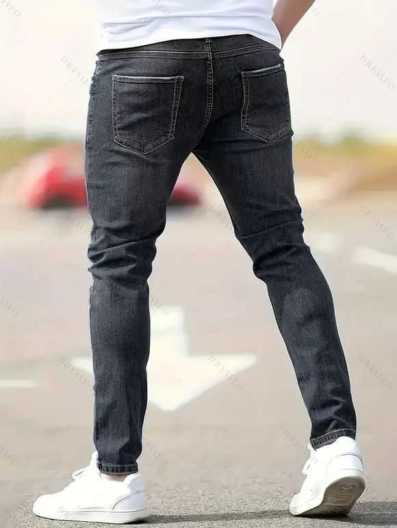 Jean skinny rayé à fermeture éclair pour homme, jean à poches déchirées - Noir S