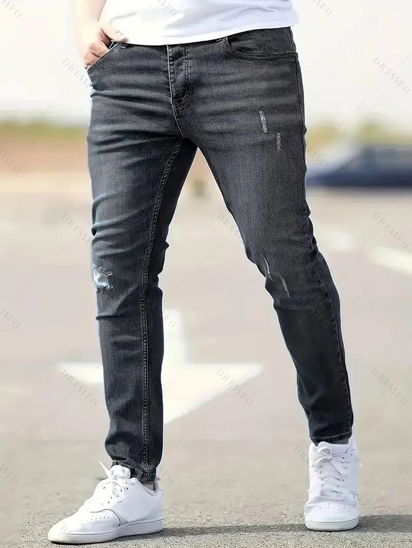 Jean skinny rayé à fermeture éclair pour homme, jean à poches déchirées - Noir S