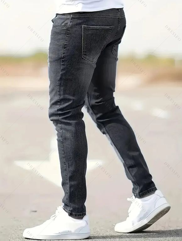 Jean skinny rayé à fermeture éclair pour homme, jean à poches déchirées - Noir S