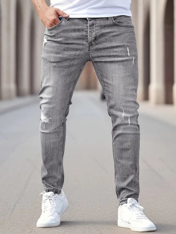 Jean skinny à fermeture éclair rayée pour homme, jean à poches déchirées - Gris XXL | US 12