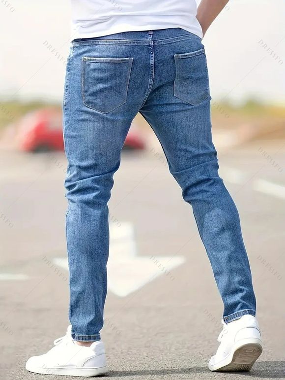 Jean skinny à fermeture éclair rayée pour homme, jean à poches déchirées - Bleu clair XL
