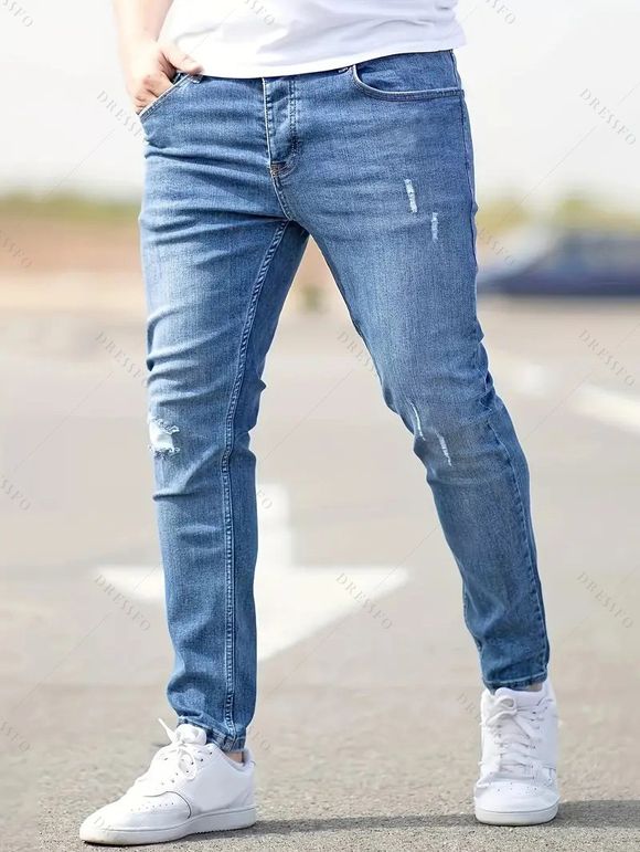 Jean skinny à fermeture éclair rayée pour homme, jean à poches déchirées - Bleu clair XL