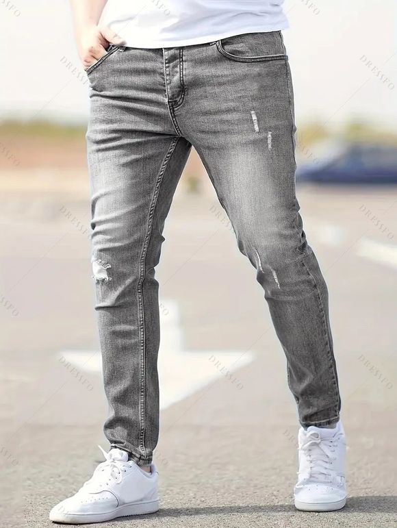 Jean skinny à fermeture éclair rayée pour homme, jean à poches déchirées - Gris S