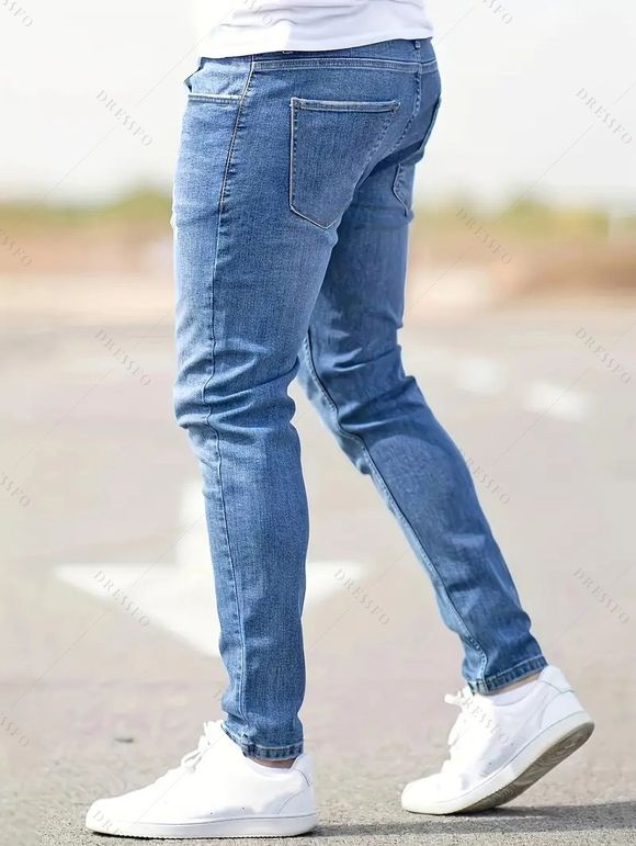 Jean skinny à fermeture éclair rayée pour homme, jean à poches déchirées - Bleu clair XL