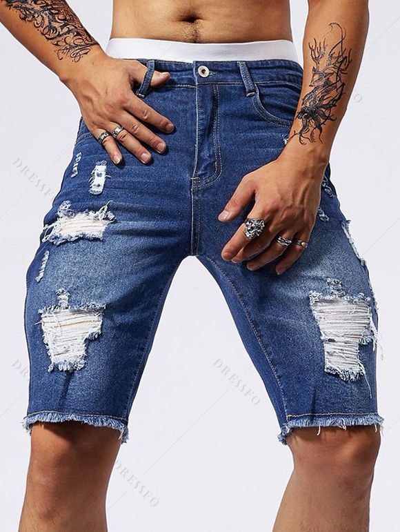 Jean droit déchiré à poches et fermeture éclair pour homme - Bleu XXL
