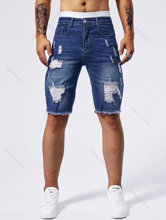 Jean droit déchiré à poches et fermeture éclair pour homme - Bleu XXL