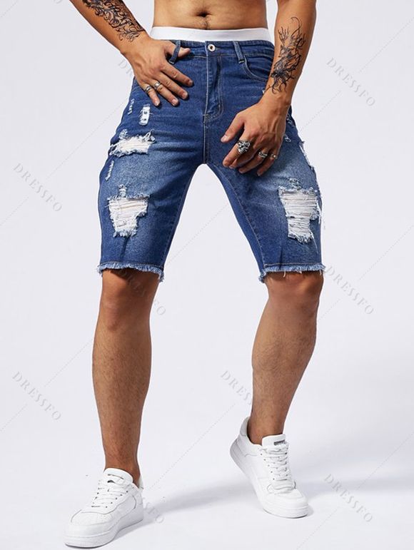 Jean droit déchiré à poches et fermeture éclair pour homme - Bleu XXL