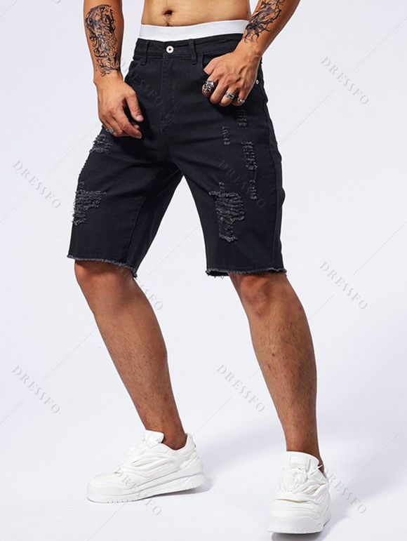 Jean droit déchiré à poches et fermeture éclair pour homme - Noir XXL