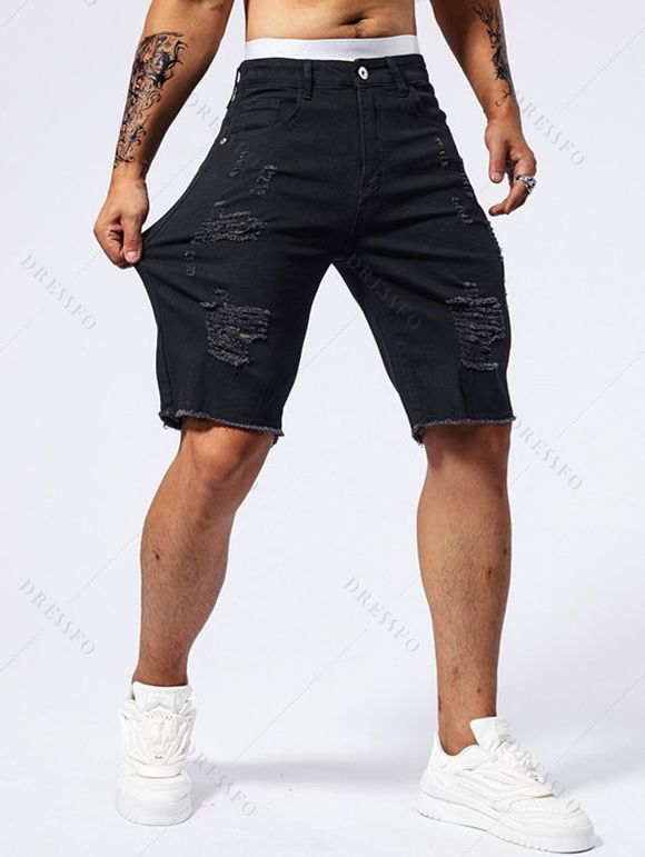 Jean droit déchiré à poches et fermeture éclair pour homme - Noir XXL