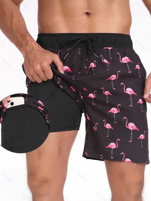 Short de plage pour homme avec cordon de serrage et motif flamant rose, poche intérieure, taille élastique - Noir XXXL | US 14