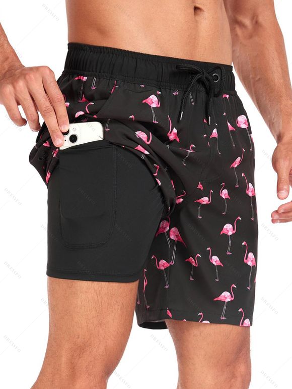 Short de plage pour homme avec cordon de serrage et motif flamant rose, poche intérieure, taille élastique - Noir XL