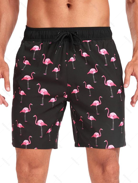 Short de plage pour homme avec cordon de serrage et motif flamant rose, poche intérieure, taille élastique - Noir XL