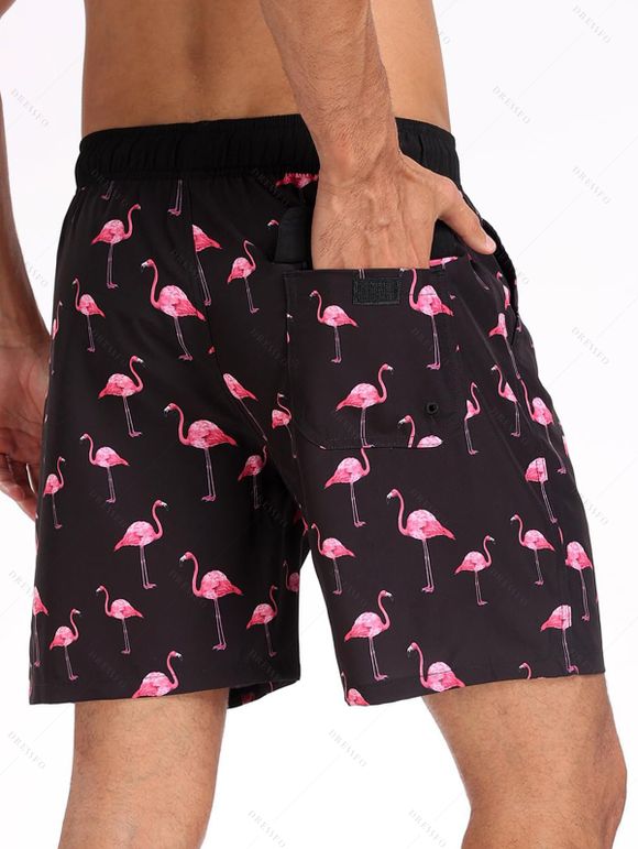 Short de plage pour homme avec cordon de serrage et motif flamant rose, poche intérieure, taille élastique - Noir XL