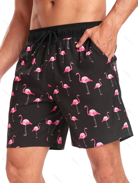 Short de plage pour homme avec cordon de serrage et motif flamant rose, poche intérieure, taille élastique - Noir XL