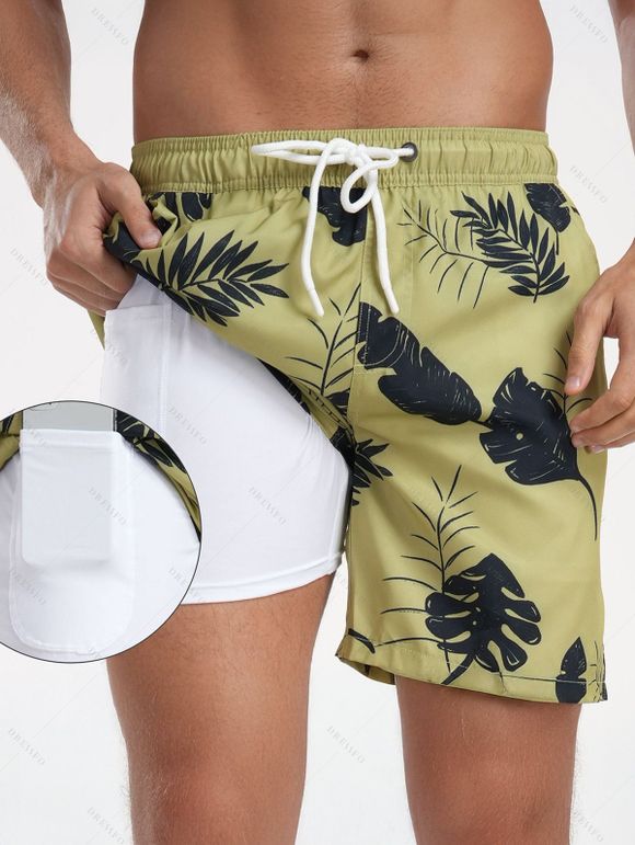 Short de plage à cordon de serrage pour homme, motif feuilles, poche intérieure, taille élastique, short de bain - Deep Yellow M