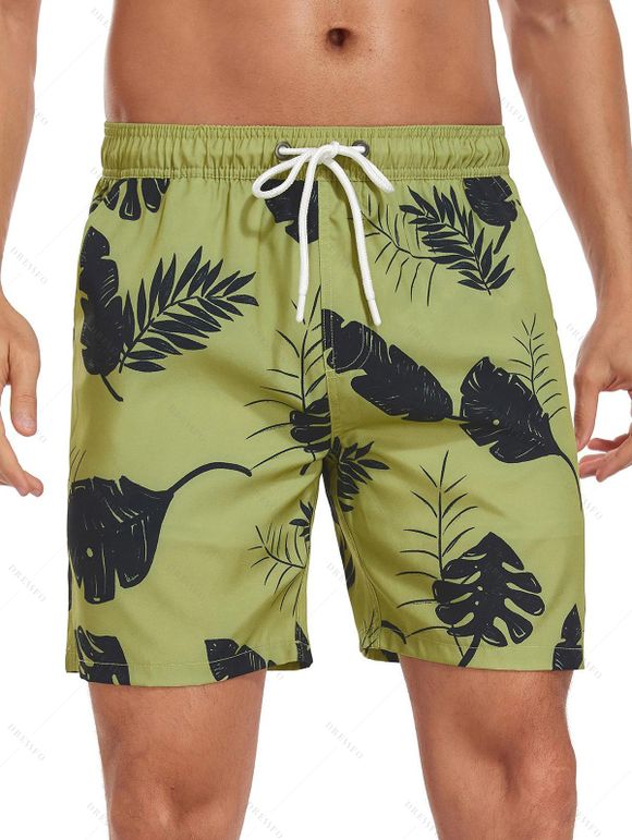 Short de plage à cordon de serrage pour homme, motif feuilles, poche intérieure, taille élastique, short de bain - Deep Yellow M