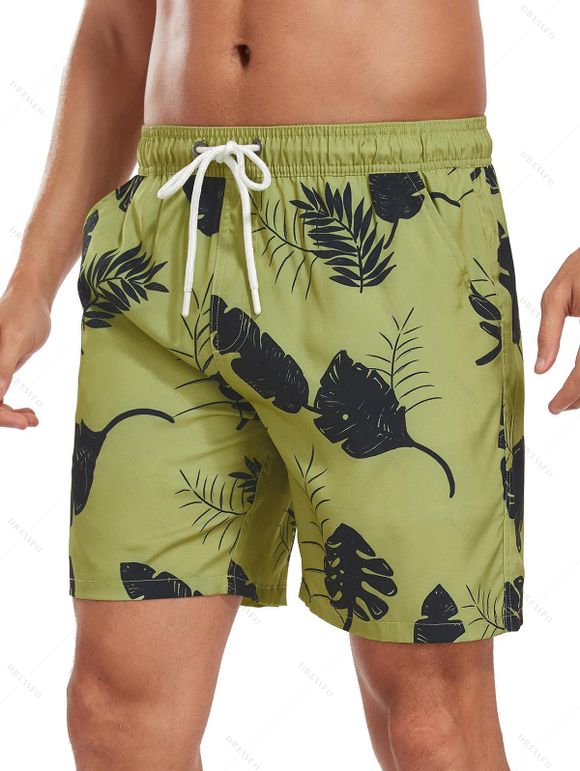 Short de plage à cordon de serrage pour homme, motif feuilles, poche intérieure, taille élastique, short de bain - Deep Yellow M