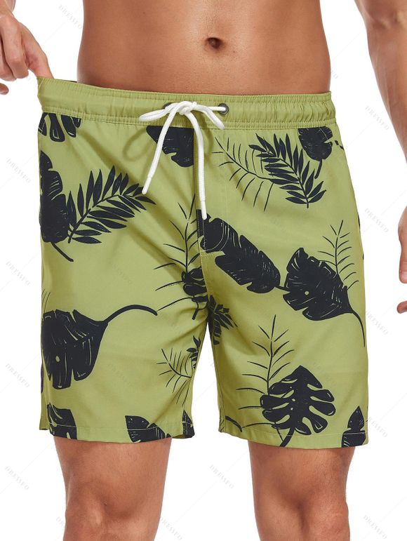 Short de plage à cordon de serrage pour homme, motif feuilles, poche intérieure, taille élastique, short de bain - Deep Yellow M