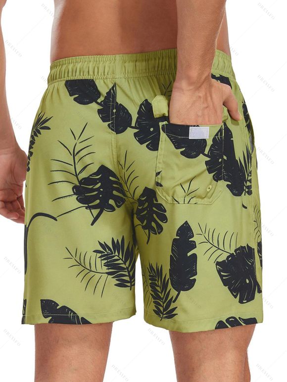 Short de plage à cordon de serrage pour homme, motif feuilles, poche intérieure, taille élastique, short de bain - Deep Yellow M