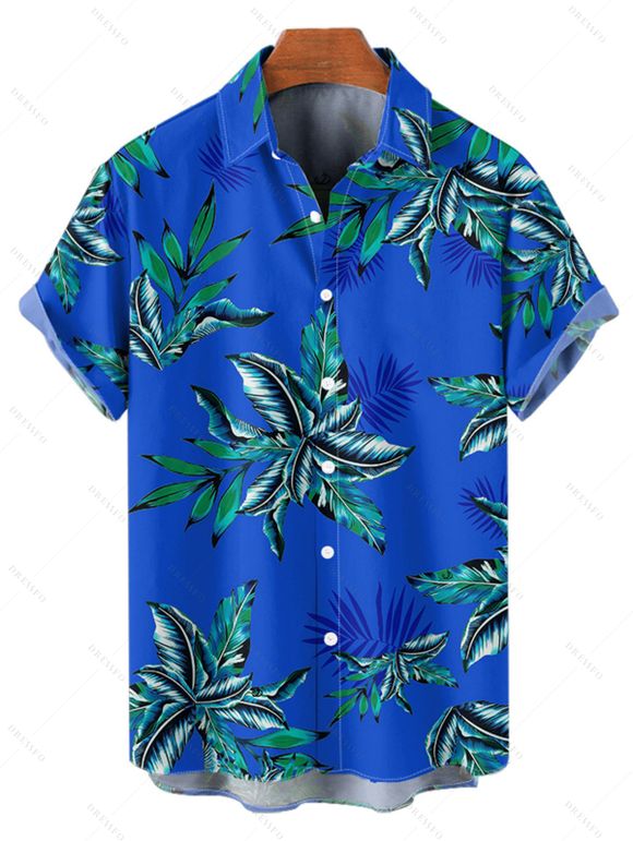 Chemise hawaïenne à motif de feuilles pour homme, imprimé végétal, boutonnée, manches retroussables, pour les vacances - Bleu 5XL