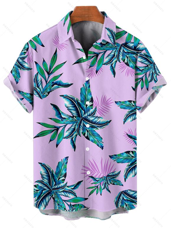 Chemise hawaïenne à motif de feuilles pour homme, imprimé végétal, boutonnée, manches retroussables, pour les vacances - Violet clair L
